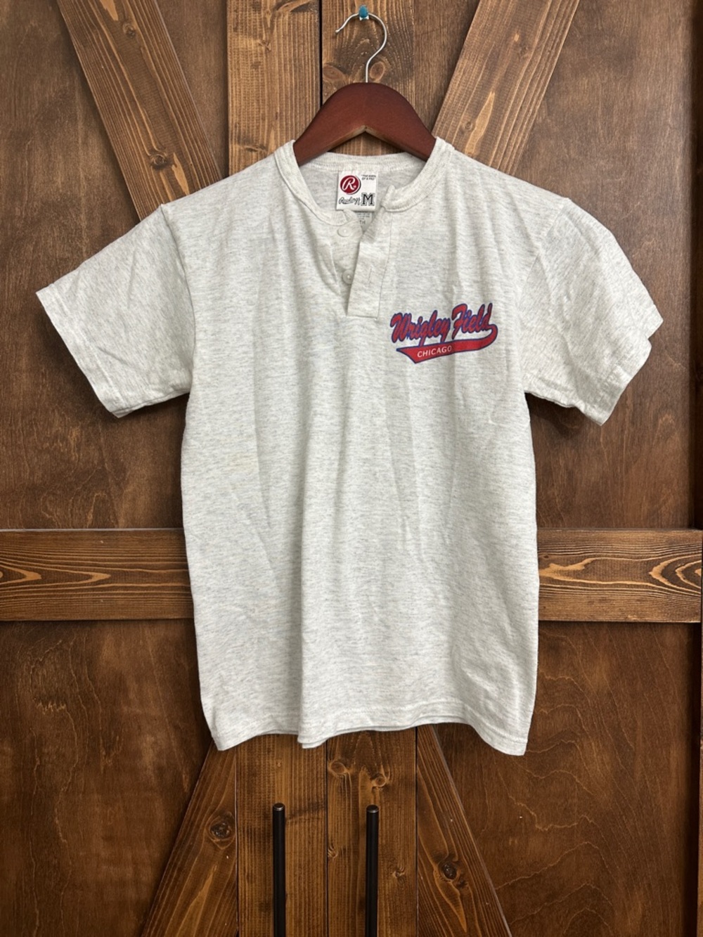 Vintage Rawlings Gray Henley with Red & Blue Wrigley Field Graphic